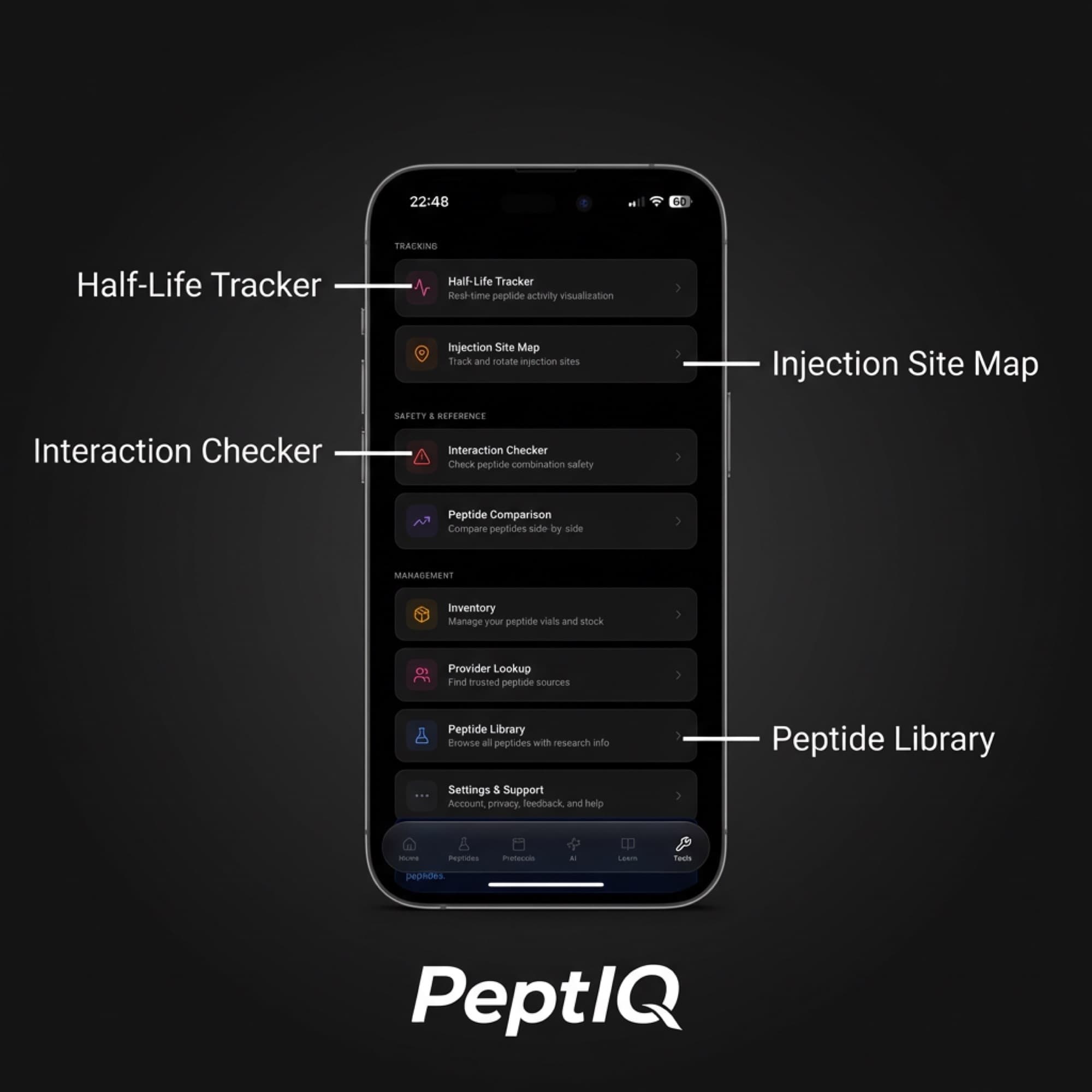The peptide library and half-life tracker on iPhone